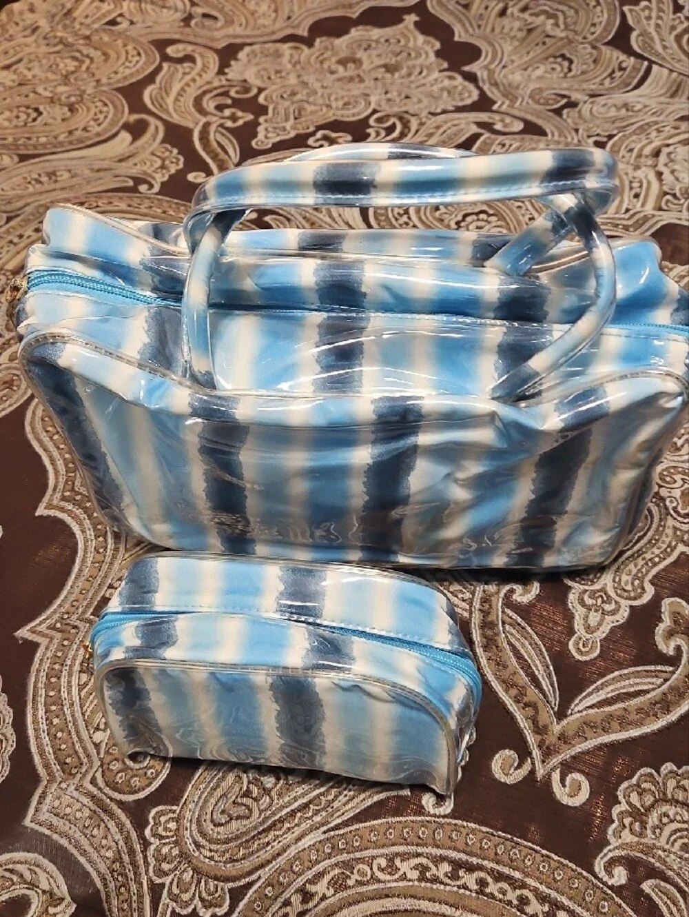 Striped Blue Travel Cosmetic Bag Set - ESTEE LAUDER NEW NEVER USED!!!